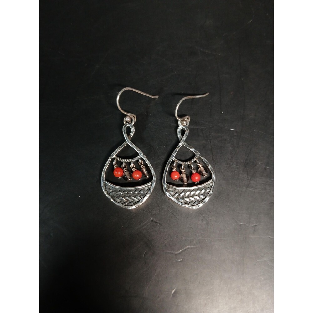 Silpada Sterling Silver 925 Thai Red Beaded Drop Dangle Earrings 1.25"
